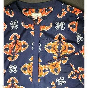 Crown & Ivy Womens 10 Shift Dress Navy Orange Geometric Lined 3/4 Flare Sleeve